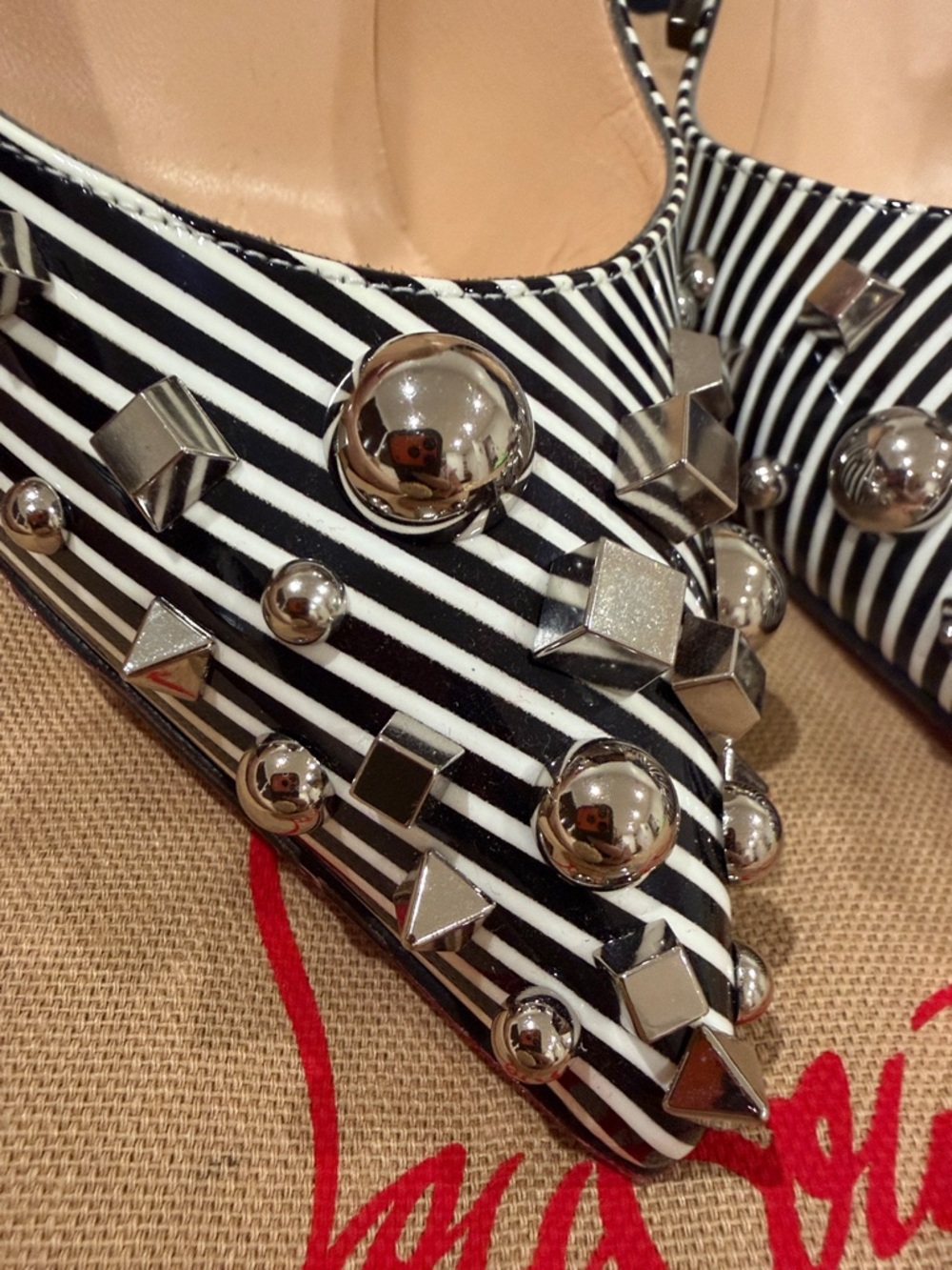 Christian Louboutin Black & White Striped Studded Pointed-Toe Pumps 100mm - Picture 7 of 8